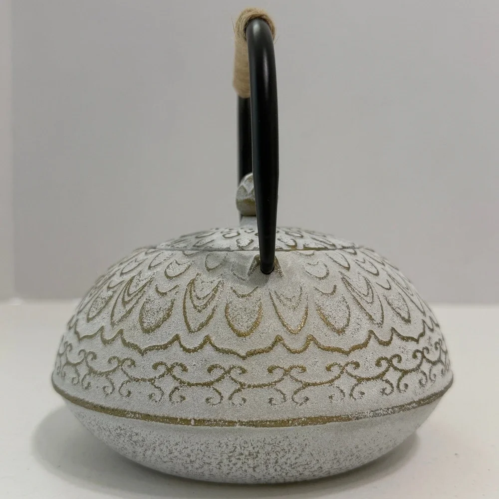 Cast Iron Teapot White Gold Distressed Boho Zen Tea‎ Pot w/ Stainless Infuser